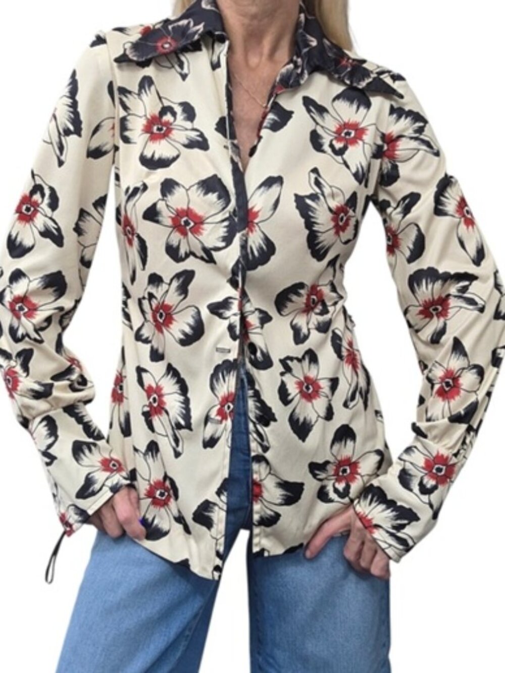 Vintage 70s Style-Aire Floral Blouse Black Red Point Collar Size 8